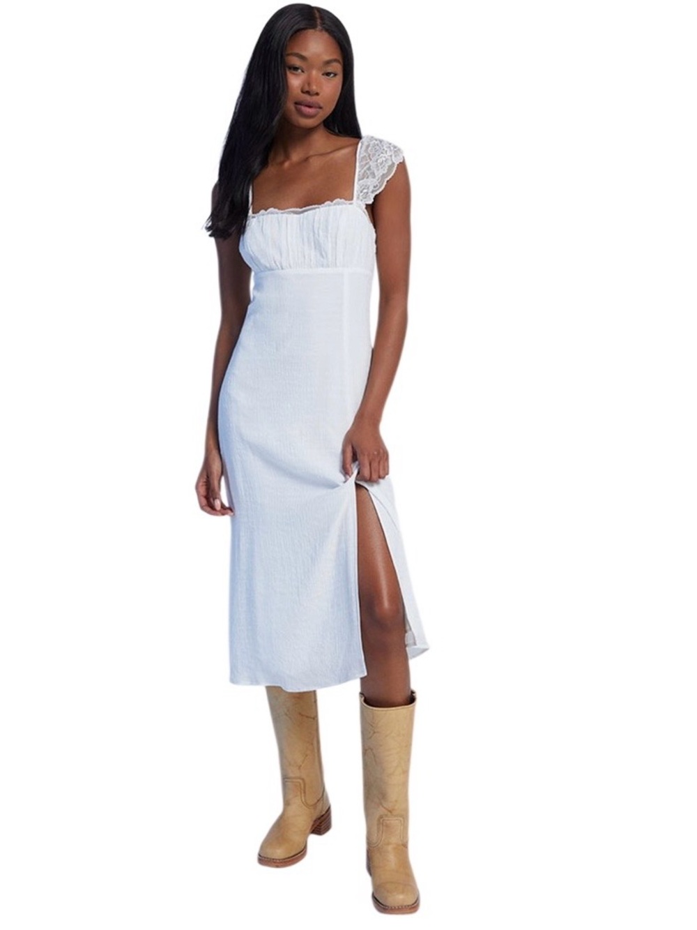 LA Hearts Lace Trim Ruched Front Midi Dress Side Slit Lined Adjustable Straps M